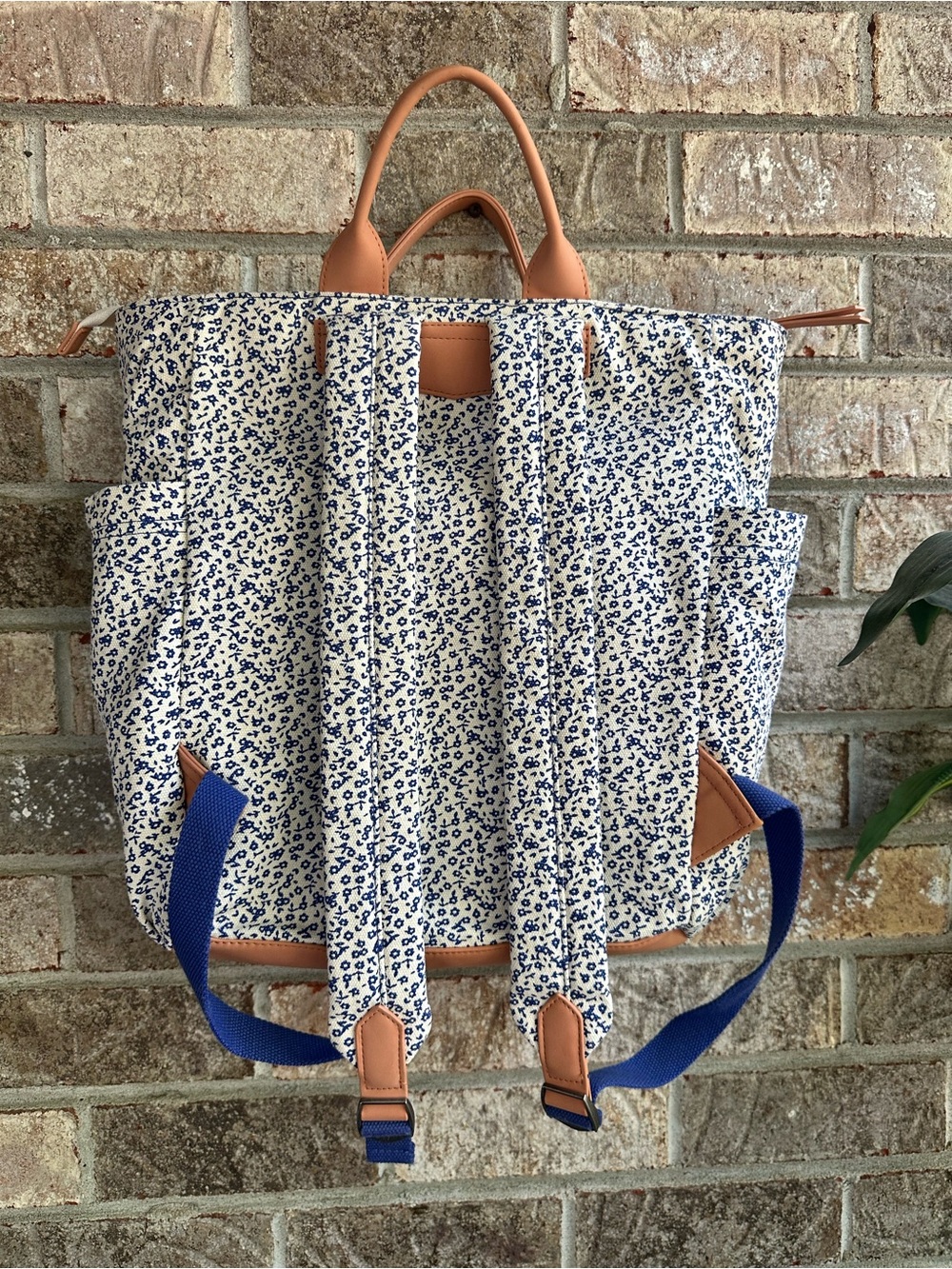 Floral Canvas Tote Backpack or baby bag with Tan Faux Leather Handles - Picture 3 of 7